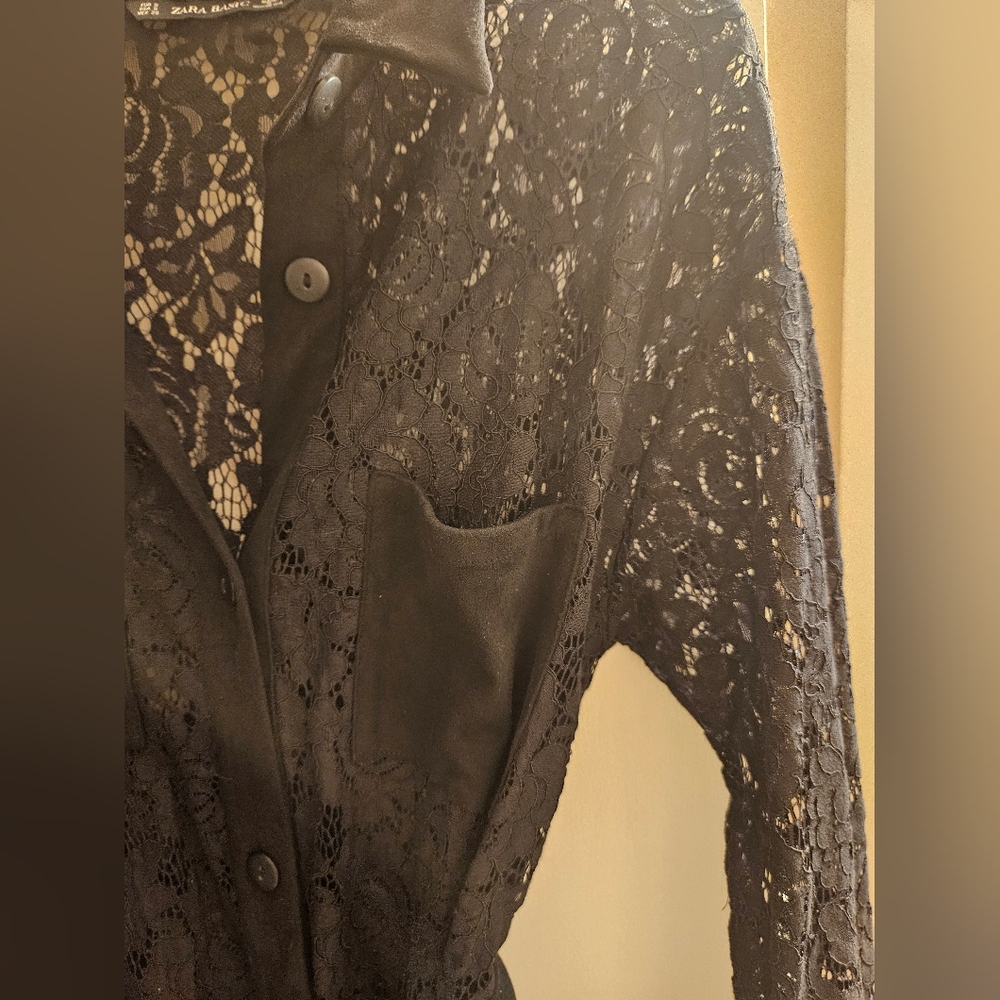 Zara Black Lace Button-Up Shirt Dress With Tie Size Small - Picture 5 of 6